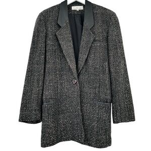 Designer Vintage Black Brown Silk Tweed One Button Oversized Blazer Suit Jacket